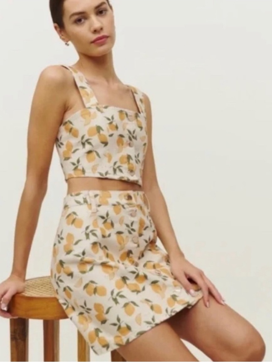 Reformation Chrissy Denim Two Piece Set In The Limoncello Print